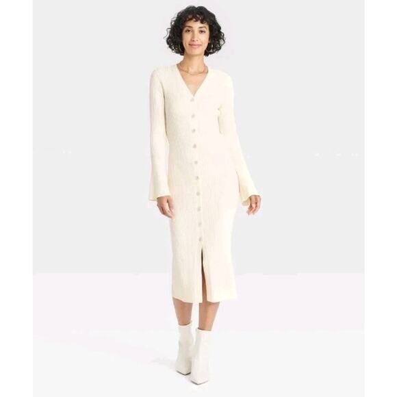 A New Day Cream Ribbed Knit Button Down Sweater Dress Long Sleeve Midi Bodycon L - Picture 1 of 8